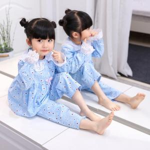 Piyama Anak Perempuan lengan dan celana panjang katun organik import - biru motip, 60